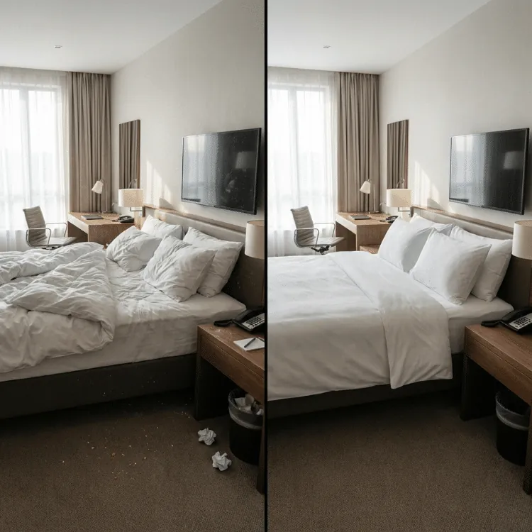 Reinigung eines Hotelzimmers – Vorher-nachher-Bilder