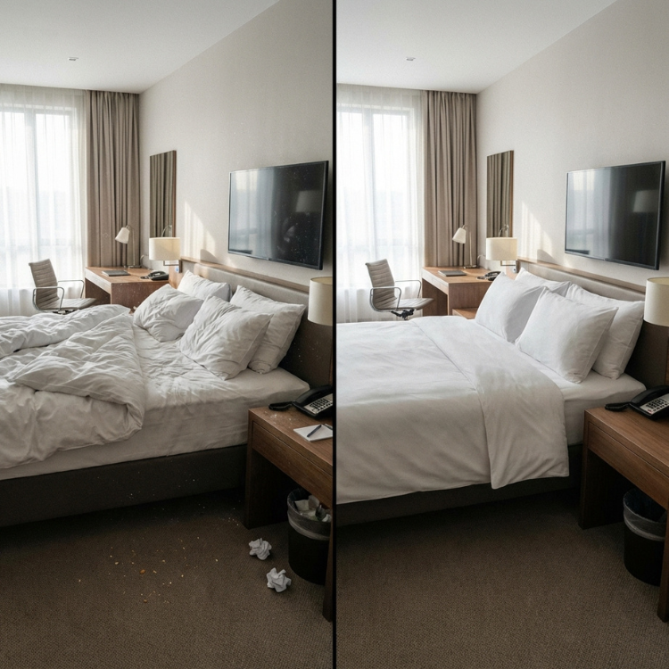Reinigung eines Hotelzimmers - Vorher-Nachher-Bilder