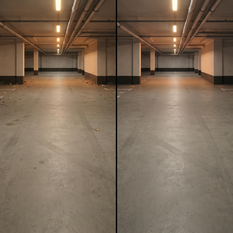 Reinigung eines Parkhauses - Vorher-Nachher-Bilder