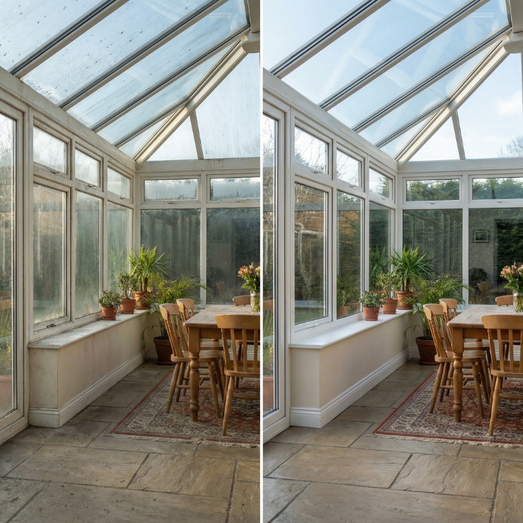 Reinigung eines Wintergarten - Vorher-Nachher-Bilder